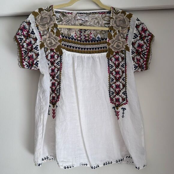 Johnny Was Workshop White Ramie Floral Pink Embroidered Peasant Top Size Medium - Picture 1 of 4